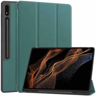 For Samsung Galaxy Tab S10 Ultra / S9 Ultra 3-Fold Pure Color TPU Smart Leather Tablet Case with Pen Slot(Dark Green)