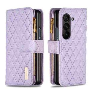 For Samsung Galaxy Z Fold5 Diamond Lattice Zipper Wallet Leather Flip Phone Case(Purple)
