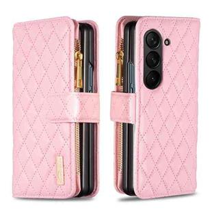 For Samsung Galaxy Z Fold5 Diamond Lattice Zipper Wallet Leather Flip Phone Case(Pink)