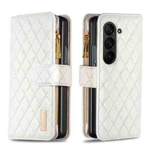 For Samsung Galaxy Z Fold5 Diamond Lattice Zipper Wallet Leather Flip Phone Case(White)