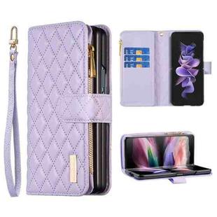 For Samsung Galaxy Z Fold6 Diamond Lattice Zipper Wallet Leather Flip Phone Case(Purple)