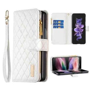 For Samsung Galaxy Z Fold6 Diamond Lattice Zipper Wallet Leather Flip Phone Case(White)