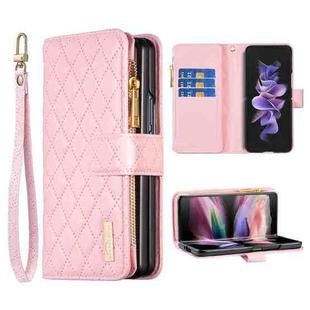 For Samsung Galaxy Z Fold7 Diamond Lattice Zipper Wallet Leather Flip Phone Case(Pink)