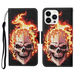 For iPhone 15 Pro 3D Colored Drawing Flip Leather Phone Case(Flame Skull)