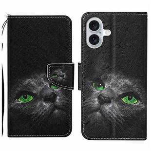 For iPhone 16 Plus 3D Colored Drawing Flip Leather Phone Case(Black Cat)