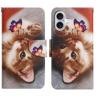 For iPhone 16 Plus 3D Colored Drawing Flip Leather Phone Case(Butterfly Cat)