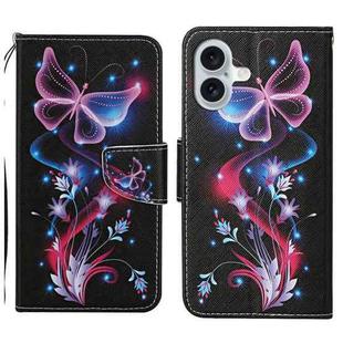 For iPhone 16 3D Colored Drawing Flip Leather Phone Case(Fluorescent Butterfly)