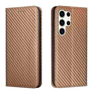 For Samsung Galaxy S24 Ultra 5G Carbon Fiber Texture Flip Holder Leather Phone Case(Brown)