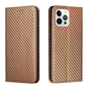For iPhone 15 Pro Carbon Fiber Texture Flip Holder Leather Phone Case(Brown)