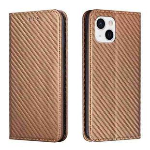 For iPhone 15 Plus Carbon Fiber Texture Flip Holder Leather Phone Case(Brown)