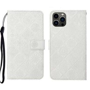 For iPhone 15 Pro Max Ethnic Style Embossed Pattern Leather Phone Case(White)