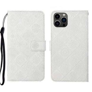 For iPhone 15 Pro Ethnic Style Embossed Pattern Leather Phone Case(White)