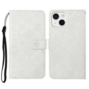 For iPhone 15 Plus Ethnic Style Embossed Pattern Leather Phone Case(White)