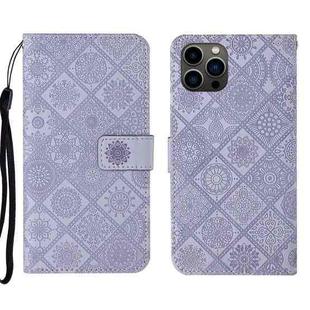 For iPhone 16 Pro Max Ethnic Style Embossed Pattern Leather Phone Case(Purple)