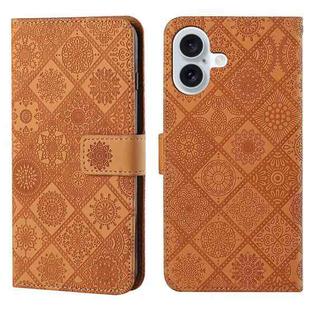 For iPhone 16 Plus Ethnic Style Embossed Pattern Leather Phone Case(Brown)