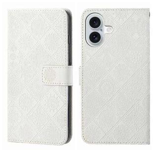 For iPhone 16 Plus Ethnic Style Embossed Pattern Leather Phone Case(White)