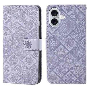 For iPhone 16 Plus Ethnic Style Embossed Pattern Leather Phone Case(Purple)