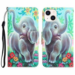 For iPhone 15 Plus Colored Drawing Leather Phone Case(Elephant)