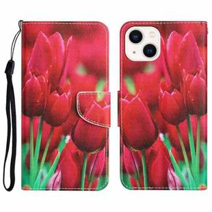 For iPhone 15 Colored Drawing Leather Phone Case(Tulips)