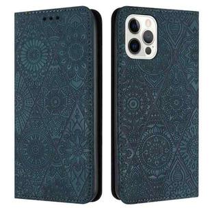 For iPhone 15 Pro Ethnic Embossed Adsorption Leather Phone Case(Blue)