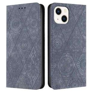 For iPhone 15 Plus Ethnic Embossed Adsorption Leather Phone Case(Grey)
