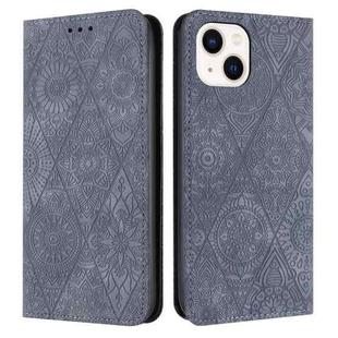 For iPhone 15 Ethnic Embossed Adsorption Leather Phone Case(Grey)