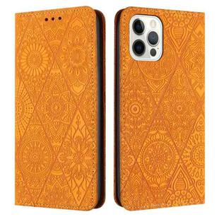 For iPhone 16 Pro Max Ethnic Embossed Adsorption Leather Phone Case(Yellow)