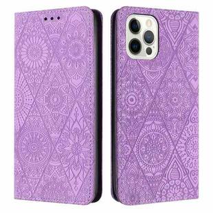 For iPhone 16 Pro Max Ethnic Embossed Adsorption Leather Phone Case(Purple)