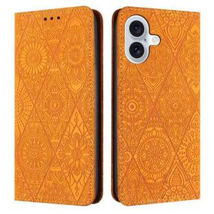 For iPhone 16 Plus Ethnic Embossed Adsorption Leather Phone Case(Yellow)