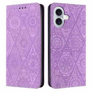 For iPhone 16 Plus Ethnic Embossed Adsorption Leather Phone Case(Purple)