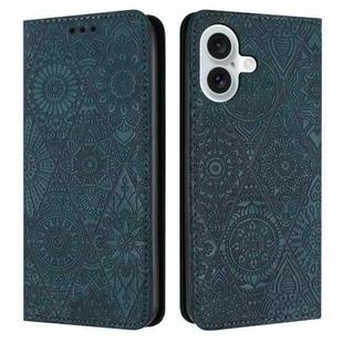 For iPhone 16 Plus Ethnic Embossed Adsorption Leather Phone Case(Blue)