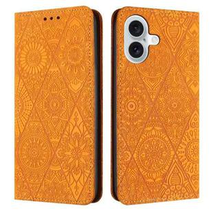 For iPhone 16 Ethnic Embossed Adsorption Leather Phone Case(Yellow)