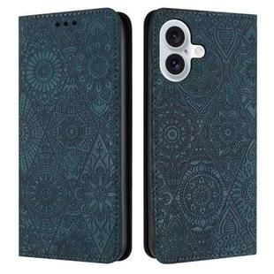 For iPhone 16 Ethnic Embossed Adsorption Leather Phone Case(Blue)