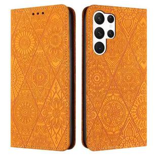 For Samsung Galaxy S24 Ultra 5G Ethnic Embossed Adsorption Leather Phone Case(Yellow)