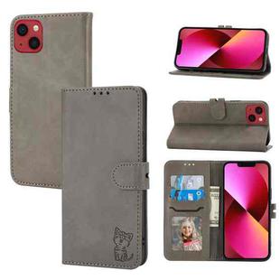 For iPhone 15 Embossed Happy Cat Pattern Flip Leather Phone Case(Grey)