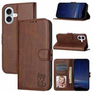 For iPhone 16 Embossed Happy Cat Pattern Flip Leather Phone Case(Brown)