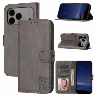 For iPhone 17 Pro Max Embossed Happy Cat Pattern Flip Leather Phone Case(Grey)