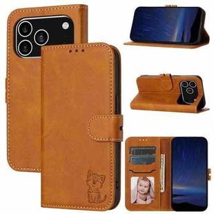 For iPhone 17 Pro Embossed Happy Cat Pattern Flip Leather Phone Case(Yellow)