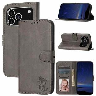 For iPhone 17 Pro Embossed Happy Cat Pattern Flip Leather Phone Case(Grey)