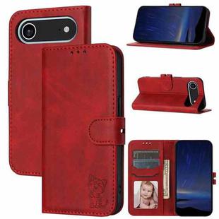 For iPhone 17 Air Embossed Happy Cat Pattern Flip Leather Phone Case(Red)