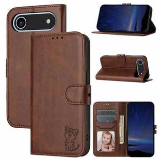 For iPhone 17 Air Embossed Happy Cat Pattern Flip Leather Phone Case(Brown)