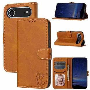 For iPhone 17 Air Embossed Happy Cat Pattern Flip Leather Phone Case(Yellow)