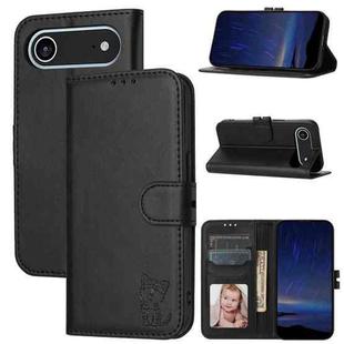 For iPhone 17 Air Embossed Happy Cat Pattern Flip Leather Phone Case(Black)