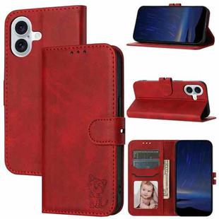 For iPhone 17 Embossed Happy Cat Pattern Flip Leather Phone Case(Red)