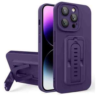 For iPhone 15 Pro Strap Holder Shockproof Protective Phone Case with Lens Film(Purple)