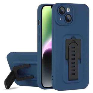 For iPhone 15 Strap Holder Shockproof Protective Phone Case with Lens Film(Blue + Black)