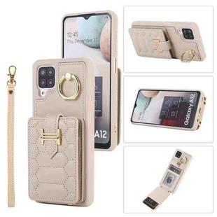 For Samsung Galaxy A12 5G Vertical Card Bag Ring Holder Phone Case with Dual Lanyard(Beige)