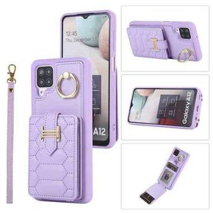 For Samsung Galaxy A12 5G Vertical Card Bag Ring Holder Phone Case with Dual Lanyard(Purple)