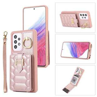 For Samsung Galaxy A52 Vertical Card Bag Ring Holder Phone Case with Dual Lanyard(Rose Gold)