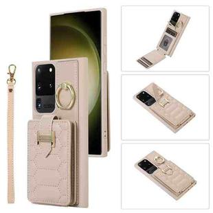 For Samsung Galaxy S20 Ultra Vertical Card Bag Ring Holder Phone Case with Dual Lanyard(Beige)